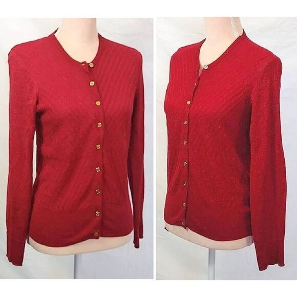 Dana Buchman Red Metallic Gold Chevron Knit Button Up Cardigan Medium - Picture 6 of 15